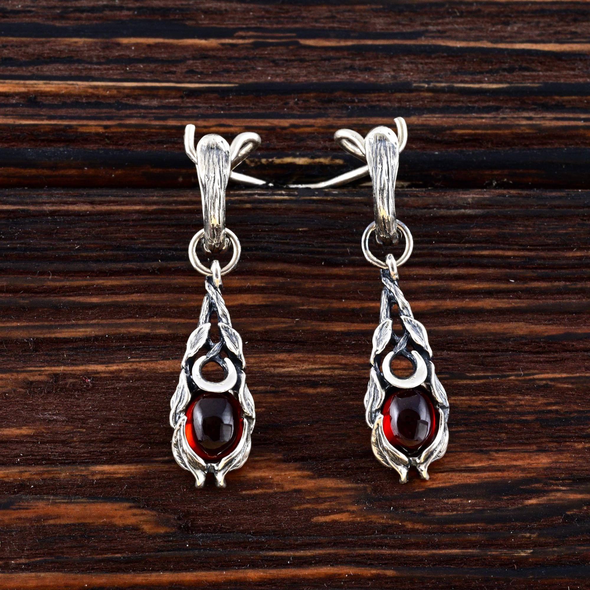Sterling Silver Moon Earrings with Garnet - Handcrafted Dangle Jewelry