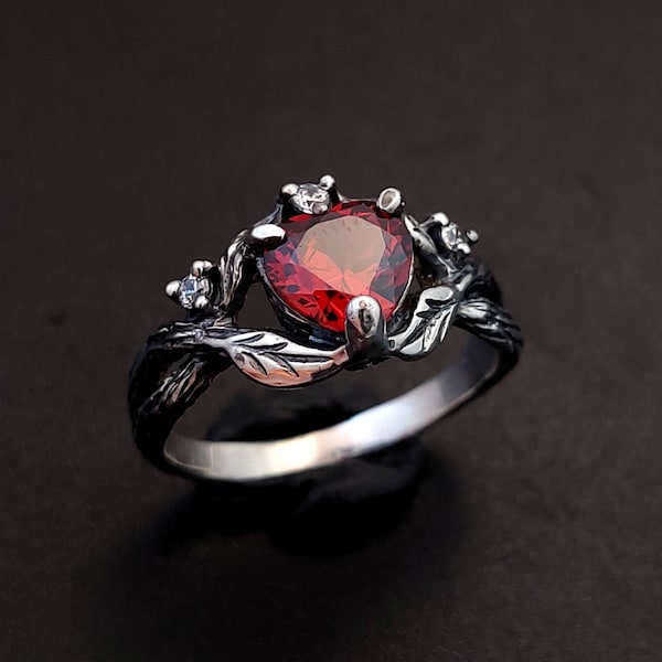 Bague en argent grenat celtique, bague en argent petite branche avec grenat, bague de fiançailles en argent noeud celtique, bague en argent sterling keltique pour femme