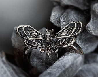 Bug Ring Gothic Jewelry - Deaths Head Moth Statement Piece - 925 Sterling Silver, Witchy, Dark Vintage Style