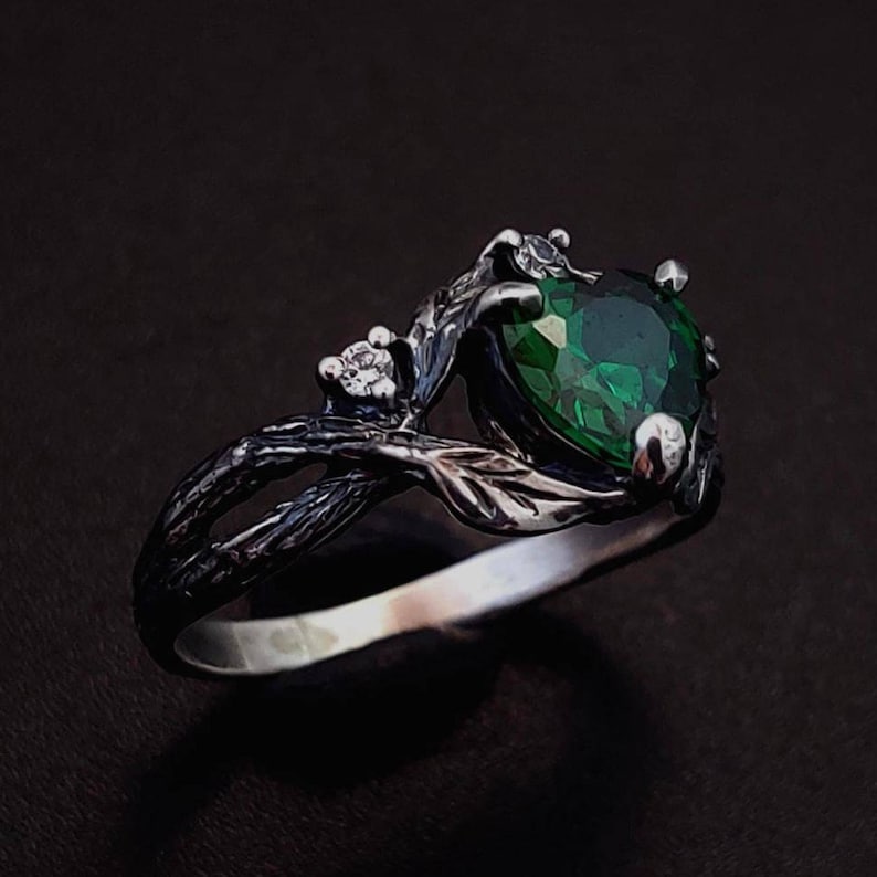 Celtic emerald silver ring, Tiny branch silver ring with emerald, Celtic knot silver engagement ring, Women's keltic sterling silver ring image 4