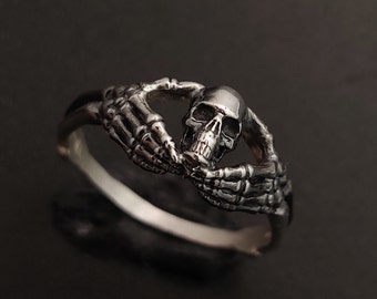 Gothic and Viking Engagement Ring to Gift for Him to the Gift for Her, Skull and Skeleton Halloween Ring, Matching Mens Wedding Rings