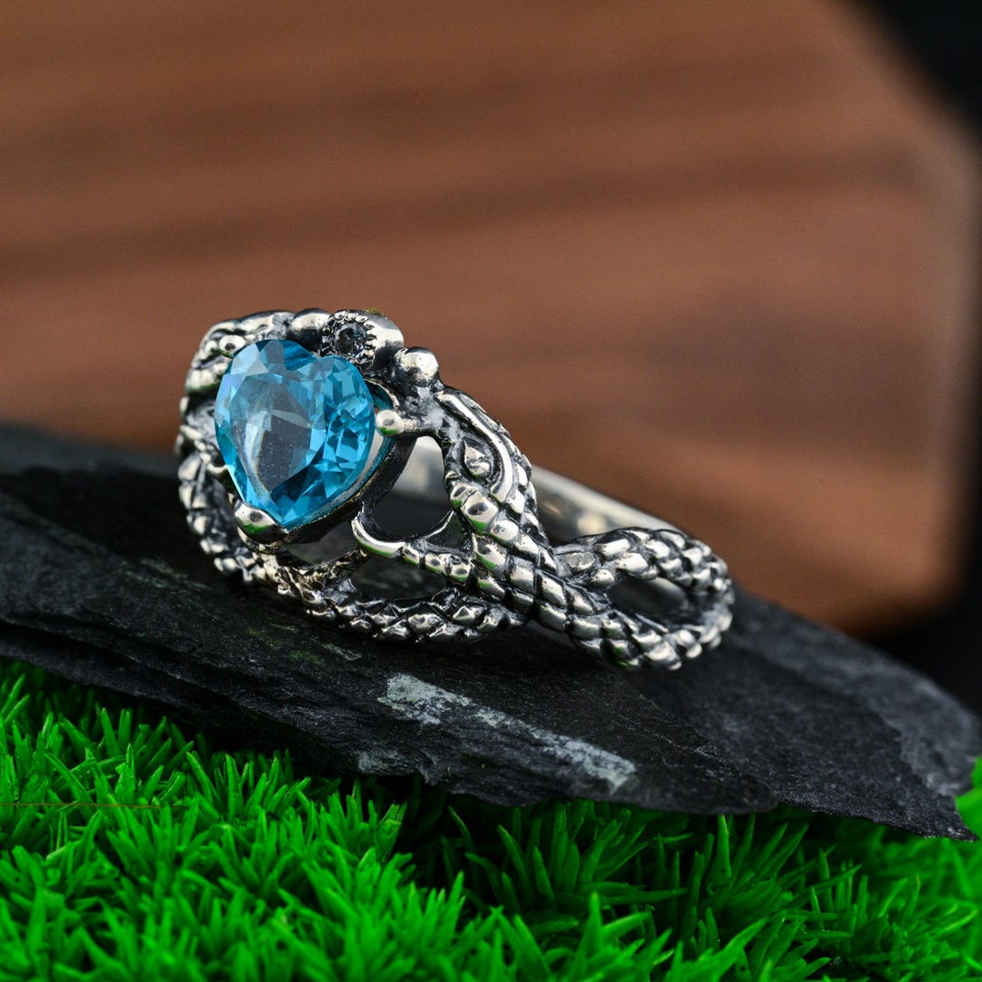 Blue Snake Heart Ring, Aquamarine Option by Request, 925 Sterling ...