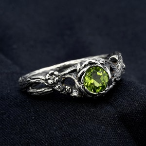 Dainty leaves and branch Peridot ring, Flower on the twig ring, Wild nature ring, Unique peridot ring, Unusual engagement ring for her