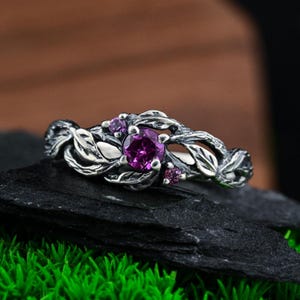 Purple Gemstone Leaf Engagement Ring, 925 Sterling Silver, Nature Inspired Woodland Jewelry, Christmas Gift for Her