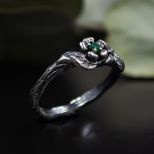 Small branch emerald engagement sterling silver ring, Dainty women's wedding ring, Promise emerald stone ring, Lady's unique tree bark ring