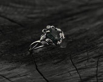 Blatt Moosachat Verlobungsring Silber Ast - Elegantes Design, Einzigartiges Geschenk für Sie