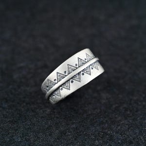 Sterling Silver Tibetan Tribal Ring, Adjustable Geometric Band, Handmade Boho Ethnic Jewelry for Men & Women, Rustic Silver Band