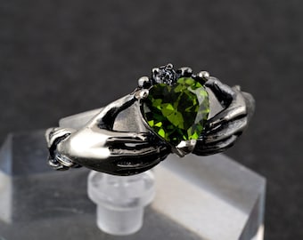 Irish Claddagh Ring with Peridot Heart, Sterling Silver Celtic Love & Loyalty Jewelry, Irish Hand-Fashioned Wedding Band, Gift for Her