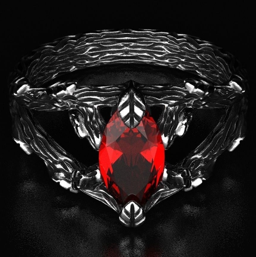 Gothic Ring with Marquise-Cut Ruby and Branch Details