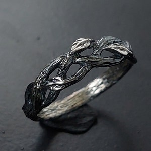 Tree bark ring in silver, Women's branch ring, Branch and leaves engagement ring with, Unique branch ring, Unusual engagement ring