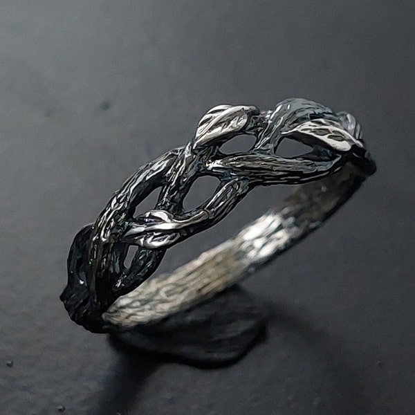 Bague de fiançailles branche et feuilles avec, bague branche unique, bague écorce d'arbre en argent, bague branche pour femme, bague de fiançailles inhabituelle