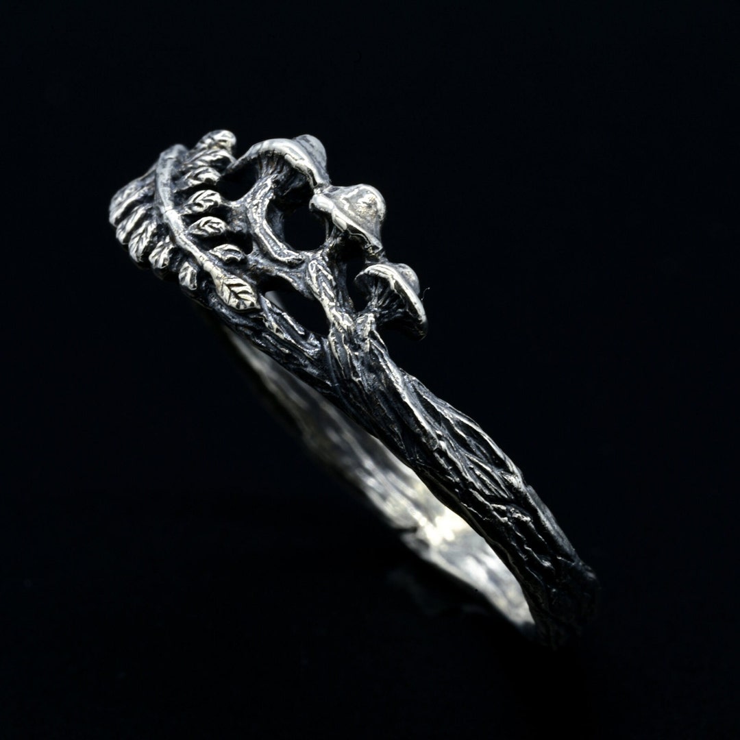 Mushroom and Fern Ring, Sterling Silver, Wood Texture Band