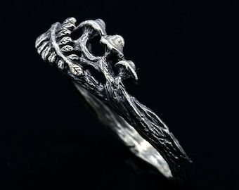 Pilz und Farn Ring, Sterling Silber, Holz Textur Band, Handgefertigt, Perfektes Geschenk für Sie
