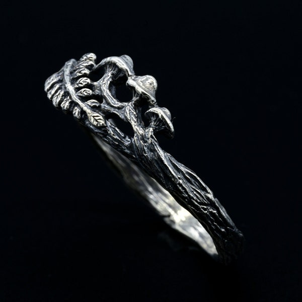 Bague champignon et fougère, bijoux forêt en argent sterling, bande de texture bois, cadeau inspiré de la nature pour elle
