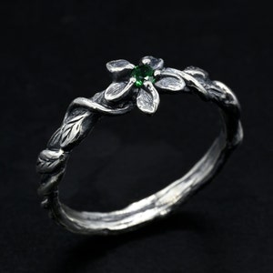 Tiny twig engagement ring, Unique women&#39;s twig ring, Emerald dainty branch engagement ring, Tree bark sterling silver ring, Emerald ring