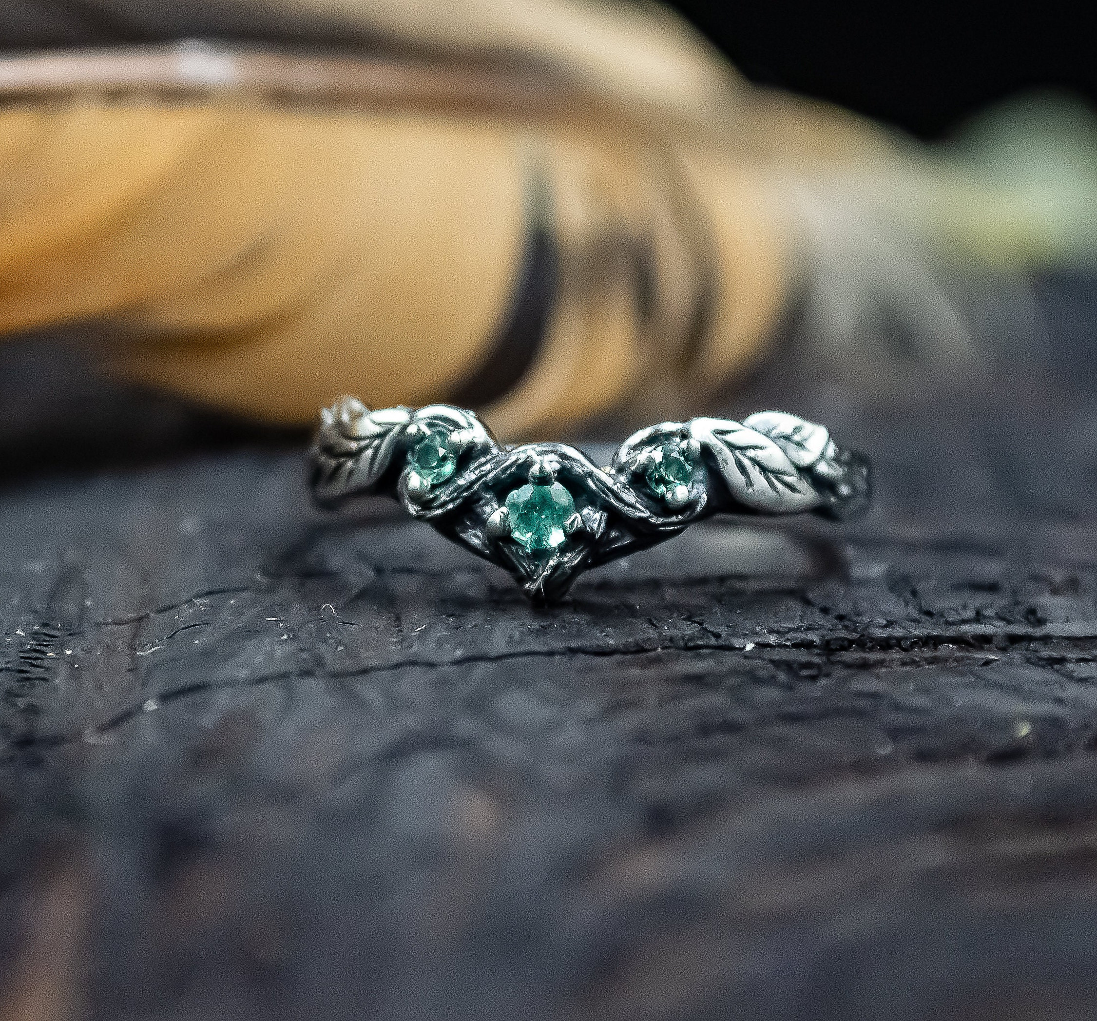 Dark Elven Silver Natural Stone Ring: Emerald Centerpiece, Gothic Art Dark Elven Silver Natural Stone Ring: Emerald Centerpiece, Gothic Art