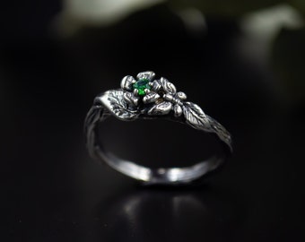 Unique Silver Twig Ring - Emerald Branch Engagement Ring - Braided Branch Engagement Ring With Emerald - Womens Twig Ring - Unusual Ring