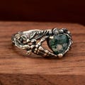Moss Agate Heart Skeleton Claddagh Ring — Green Nature Stone Bone Hand Ring — Dark Vine Band — 925 Sterling Silver