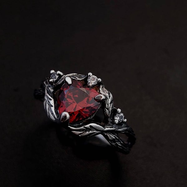 Unique Silver Twig Ring - Garnet Branch Engagement Ring - Braided Branch Engagement Ring With Garnet - Womens Twig Ring - Unusual Ring