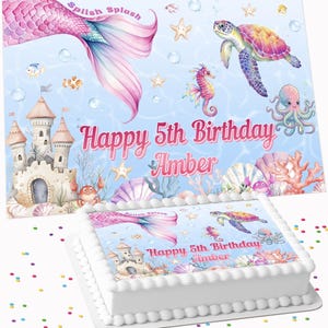 May include: A rectangular sheet cake and a matching backdrop featuring a watercolour underwater scene with a pink mermaid tail, a sea turtle, a seahorse, an octopus, a sandcastle, and shells. The text reads Happy 5th Birthday Amber.