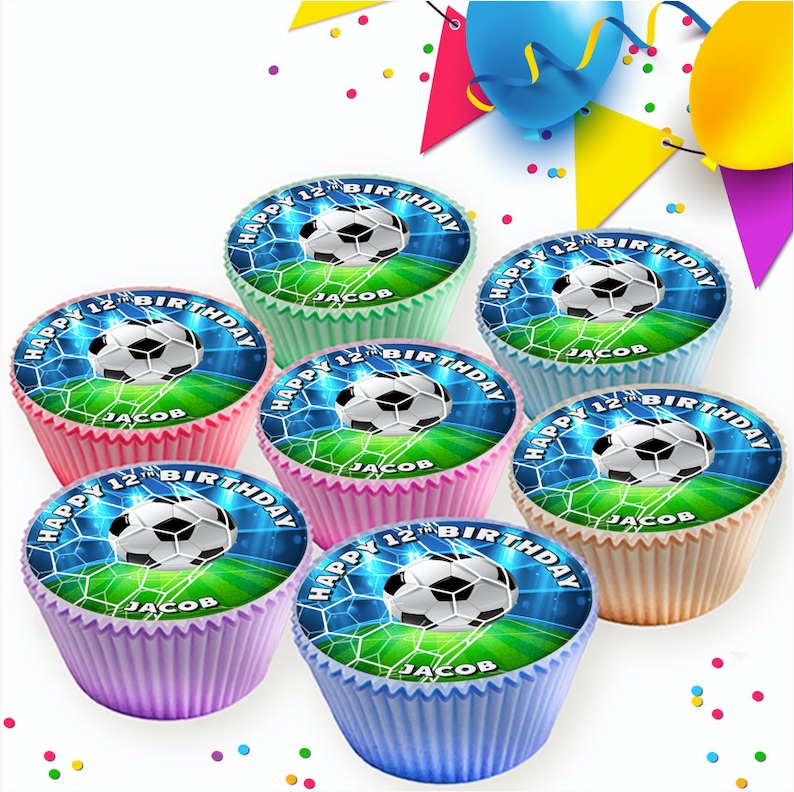 May include: Six colorful cupcakes with a soccer ball design and the text "Happy 12th Birthday Jacob" on each cupcake.