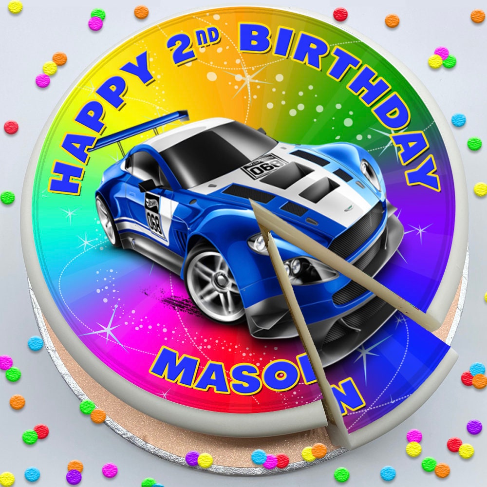 Colourful Blue Sports Car Happy Birthday Personalised Precut Etsy