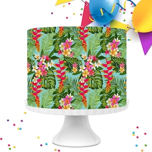 Decoración para pastel con lámina comestible sin costuras y coloridas con diseño de flores tropicales hawaianas (WR36)