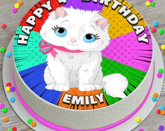 cute white fluffy cat Happy  birthday personalised pre-cut round 7.5 inch edible cake topper icing sheet