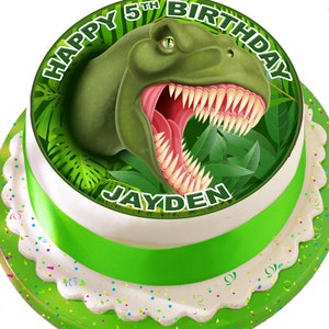 T-rex Dinosaur Happy birthday personalised pre-cut round 7.5 inch edible cake topper icing sheet