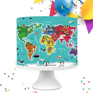 Decorazione per torta senza cuciture con mappa del mondo e animali, foglio di glassa commestibile WP31