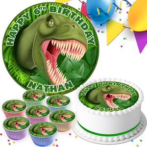 T-Rex Dinosaur Happy Birthday Personalised round 7.5 inch edible icing cake topper and cupcake toppers decorations