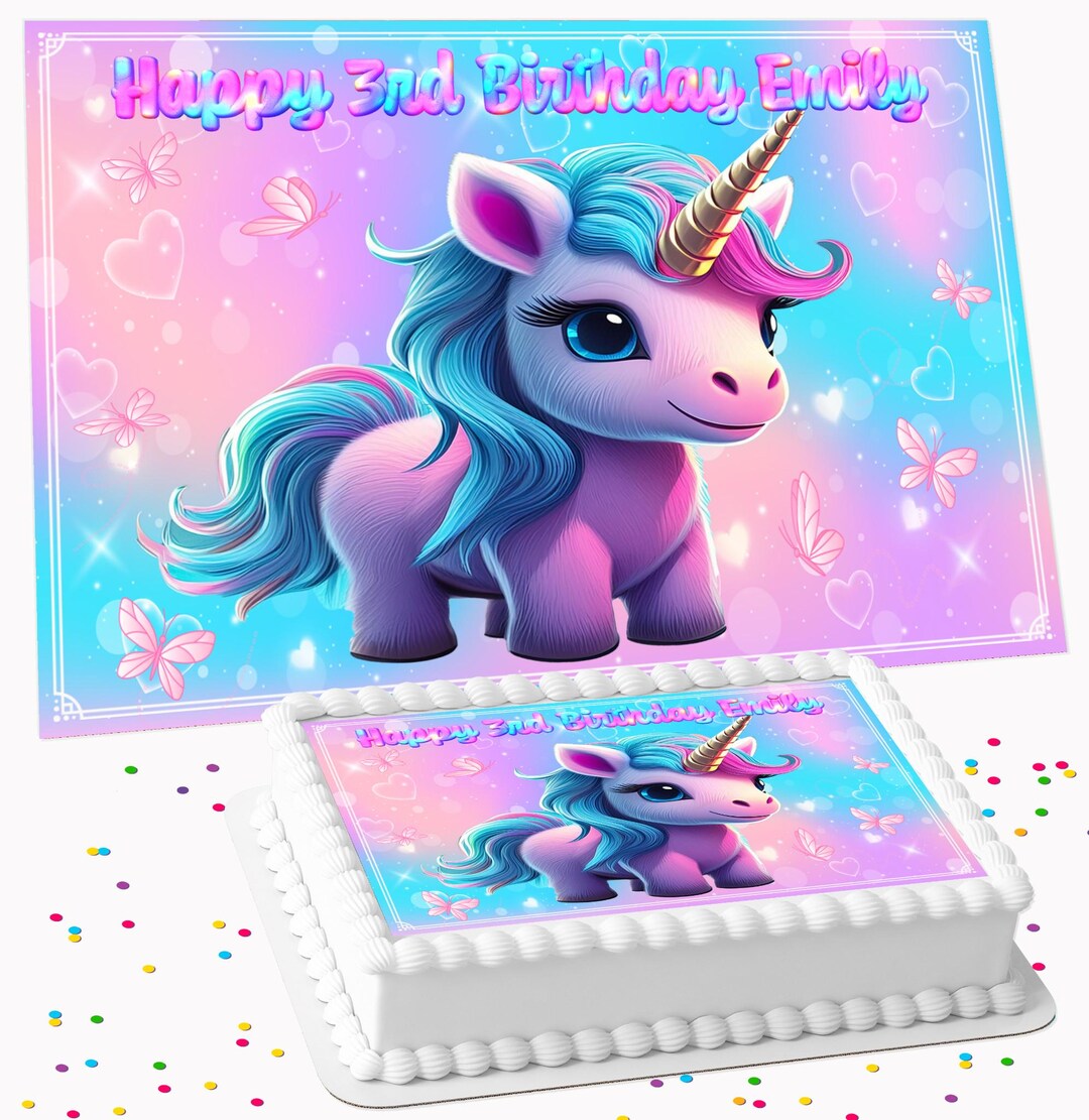 Cute Pink Unicorn Happy Birthday Personalised Birthday Rectangle A4 or ...