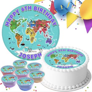 Niedliche Weltkarte Geburtstag personalisiert vorgeschnittene runde essbare Kuchendekoration 19,5 cm