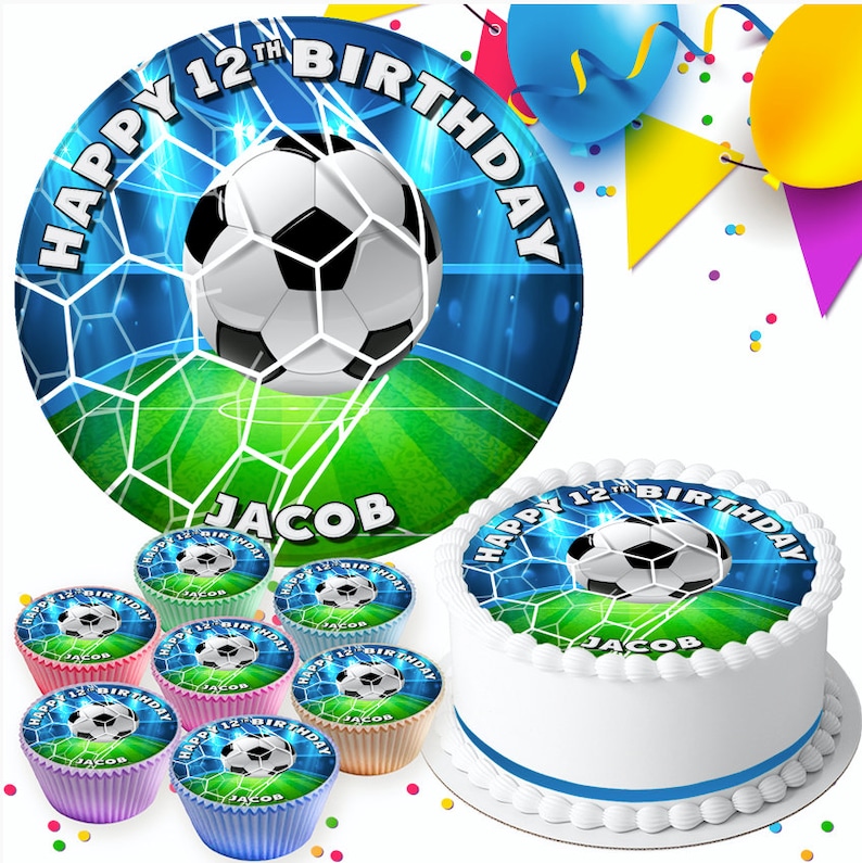 May include: A round cake with a blue and green soccer ball design. The cake is decorated with the words "Happy 12th Birthday Jacob". There are also six smaller cupcakes with the same design.