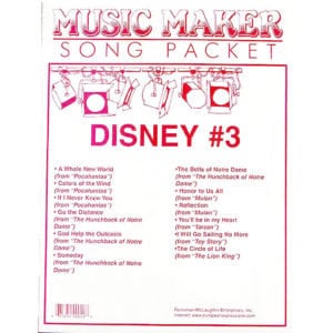 May include: A pink and white Music Maker Song Packet with the title "Disney #3" and a list of songs from various Disney movies, including "A Whole New World", "Colors of the Wind", "Go the Distance", and "The Circle of Life".