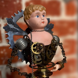 Antique Tin Doll Head, Steampunk Sculpture, Clockwork Parts: Minerva Reassembled