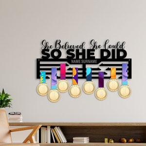 She Believed She Could So She Did personalized medal holder Triathlon hanger Runner gift Wall Organizer display rack Gift for her