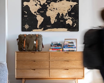 Personalized Wooden World Map with Country Flags - Travel Gift For Couple