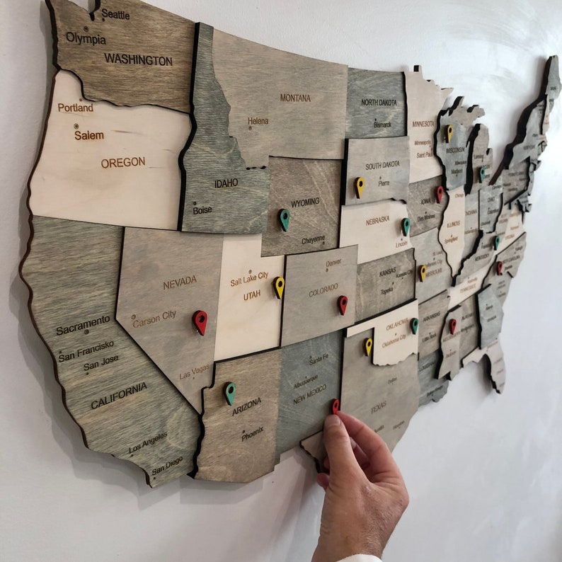 Wooden US Map of United States Wood Wall Art USA Travel Map Etsy