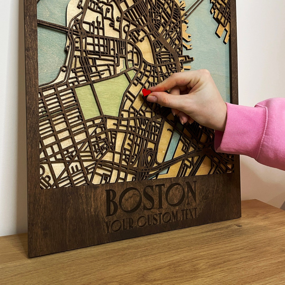 Boston City Wooden Map Wall Art Custom City Map Wood City Map Etsy