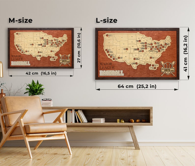 May include: A wooden map of the United States with the locations of Major League Baseball teams marked. The map is framed in dark wood and has the text "Major League Baseball" and "Smith Family" printed on it. The map is available in two sizes: 16.5 inches by 10.6 inches and 25.2 inches by 16.2 inches.