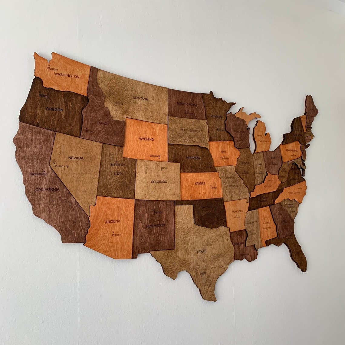 Wooden US Map of United States Wood Wall Art USA Travel Map Etsy