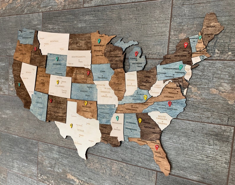 Wooden US Map United States Map Wall Art US Map Push Pin Map Etsy