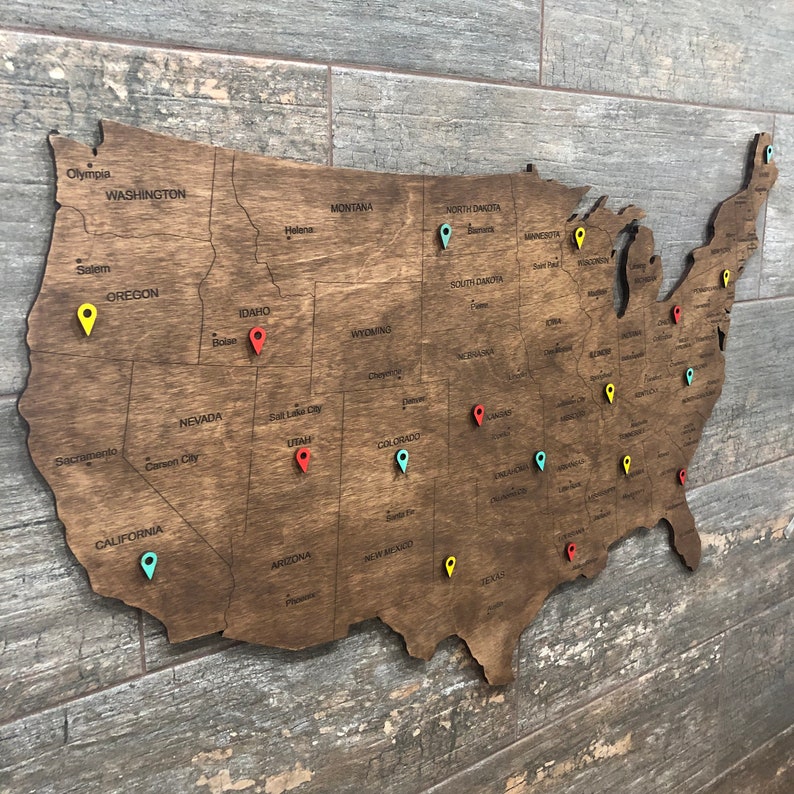Wooden US Map of United States Wood Wall Art USA Travel Map Etsy