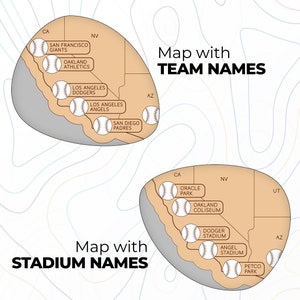 May include: A map of California, Arizona, Nevada, and Utah showing the locations of Major League Baseball teams and their stadiums. The map shows the team names and stadium names for each team.