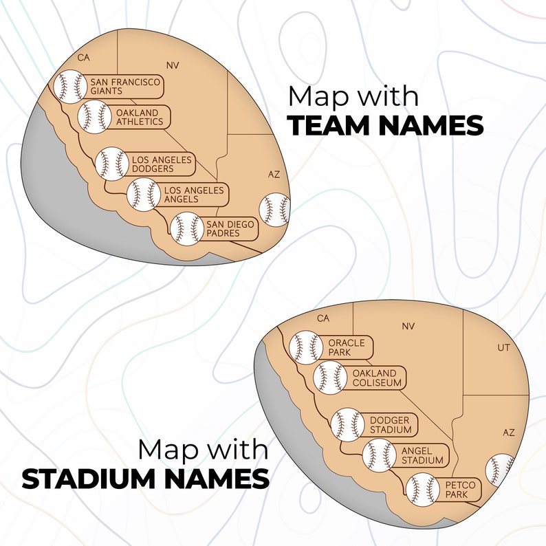 May include: A map of California, Arizona, Nevada, and Utah showing the locations of Major League Baseball teams and their stadiums. The map shows the team names and stadium names for each team.