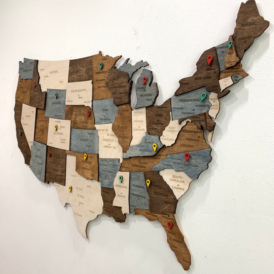 Wooden US Map United States Map Wall Art US Map Push Pin Map Travel Map