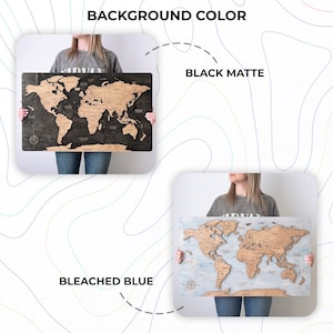 May include: Two wooden world maps with push pins, one with a black matte background and the other with a bleached blue background.