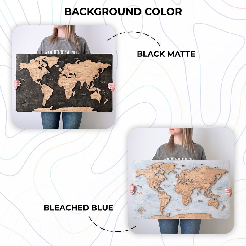 May include: Two wooden world maps with push pins, one with a black matte background and the other with a bleached blue background.