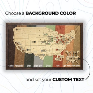 May include: A wooden map of the United States with baseball stadiums marked. The map is surrounded by a wooden frame with different colored wood panels. The text "The Smith Family" is on the map with a baseball and bats.
